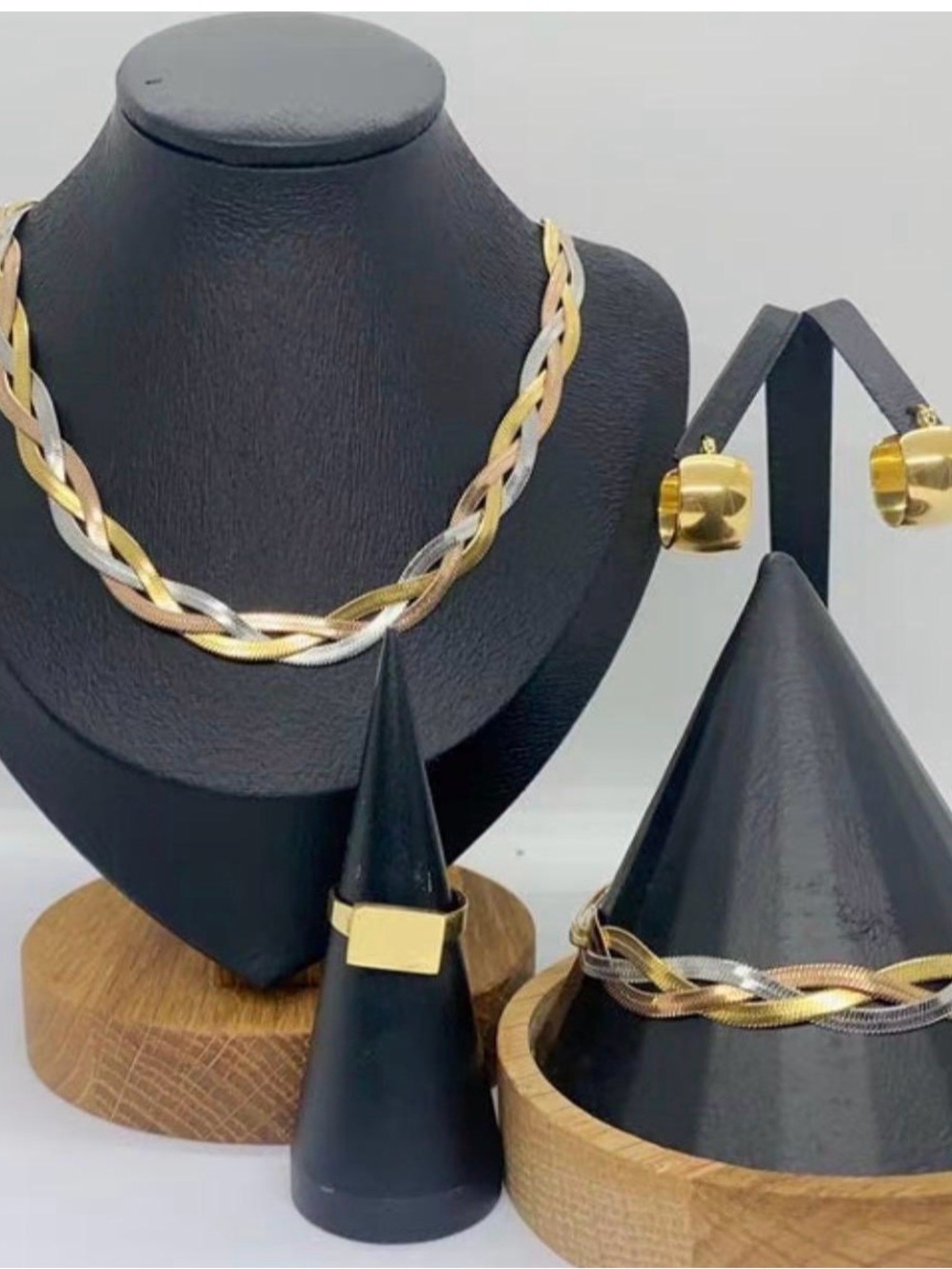 Stainless Tri-Tone Braided Necklace and Bracelet Set in Gold, Silver, Rose Gold